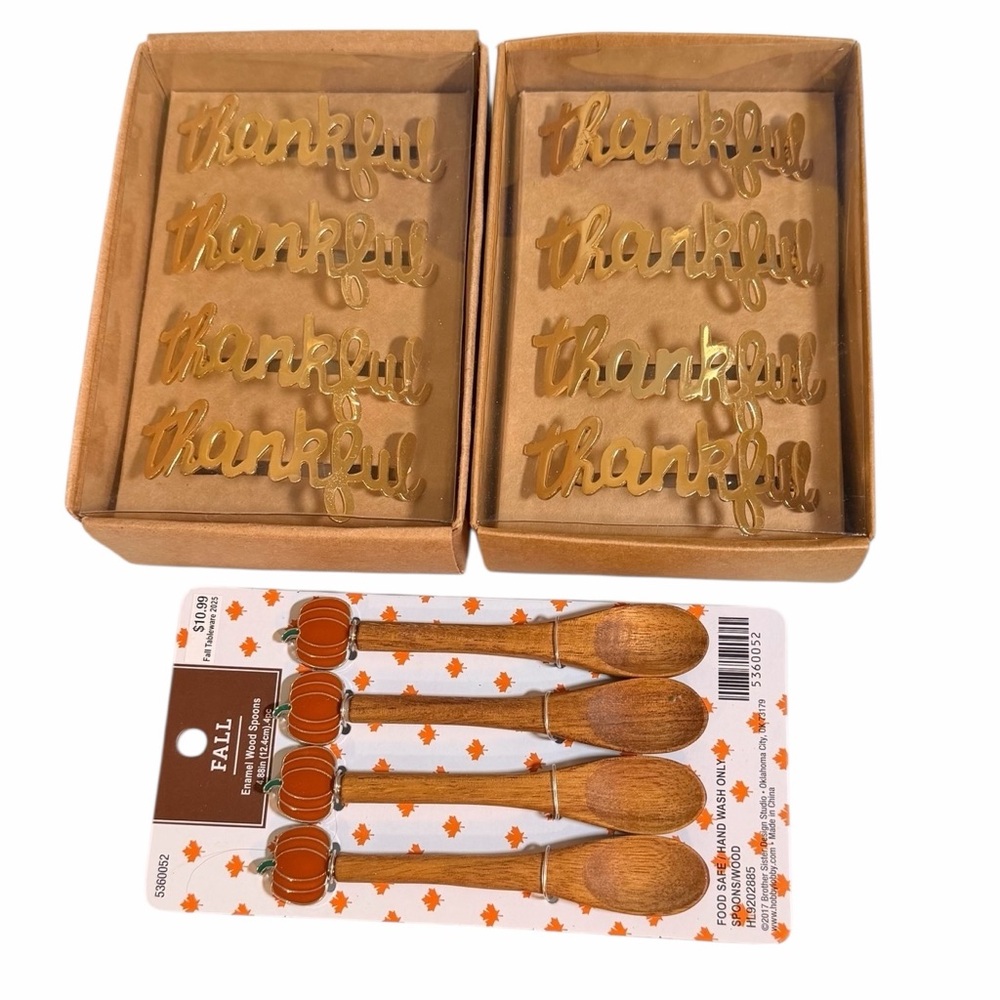 8 pc Gold Thankful Napkin Rings and 4 pc Pumpkin Wooden Spoons Set